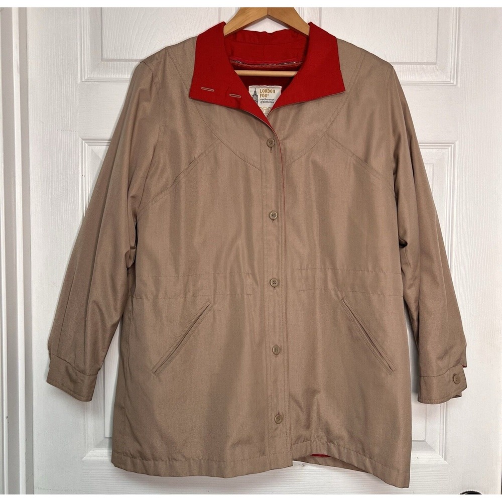 Vintage London Fog Womans 12 Tan Khaki Coat Red Fleece Lining Classic Academia
